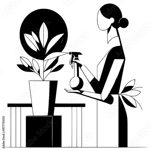 Nurturing Green: A stylized illustration showcases a person meticulously tending to a potted plant, gently spraying water and embracing the joy of indoor gardening.