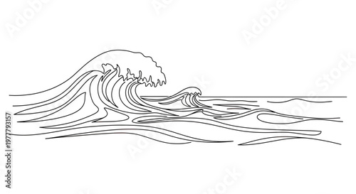 Stylized black line art depicts a powerful ocean wave cresting