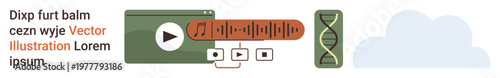 Digital streaming, online education, biological research, multimedia tools, genetics, data sharing. Media player with wave bar and DNA symbol. Digital streaming and online education concept