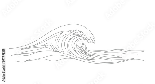 A surfer rides a curling wave, depicted in a minimalist line drawing