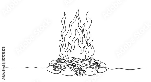 A black and white line drawing of a campfire with flames above logs and stones