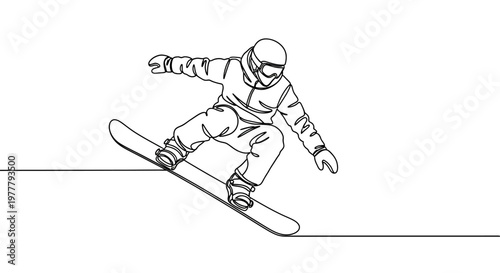 A dynamic single line drawing of a snowboarder in mid-air against a white background