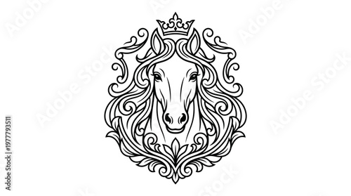 Black and white horse head illustration.