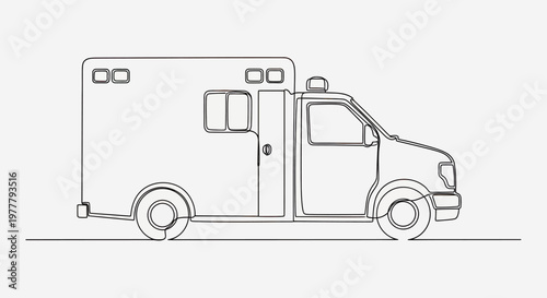 Minimalist line drawing of an ambulance vehicle with lights on roof