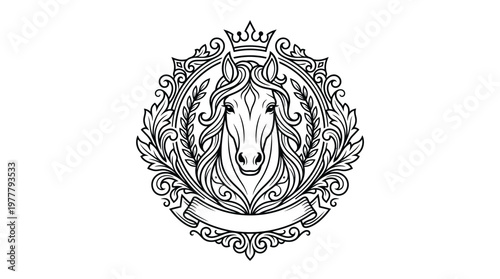 Black and white horse head logo.