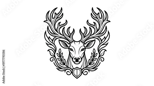 Deer head with large antlers illustration.