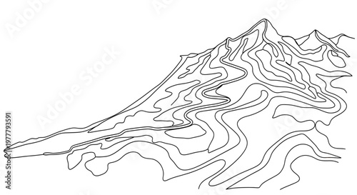 Abstract black and white illustration of a stylized mountain range with winding contour lines