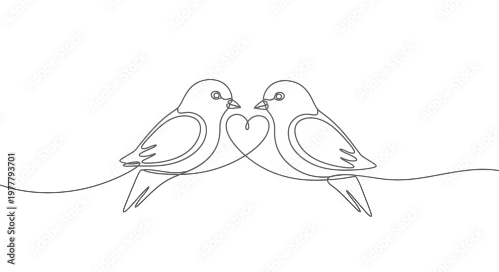 Fototapeta premium Two birds on a wire are connected by a heart shape, drawn with continuous lines