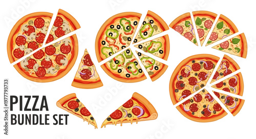Delicious assorted pizza pies and slices arranged in a bundle set for your culinary design needs