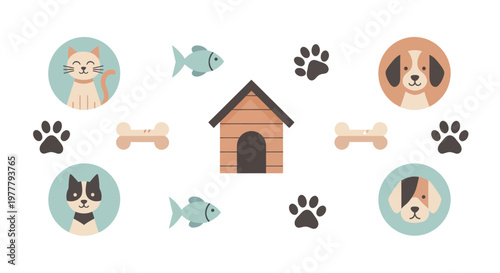 Collection of cute pets and pet accessories illustration.