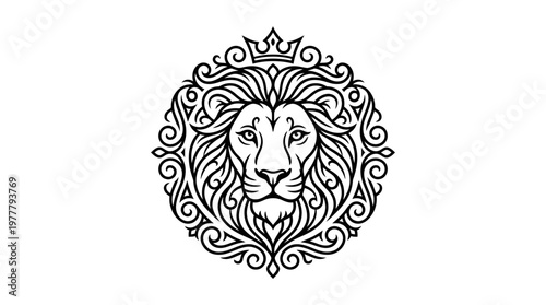 Lion head with crown and mane.