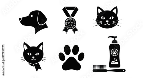 Collection of Pet Care and Award Icons Featuring Dogs Cats and Grooming Tools.