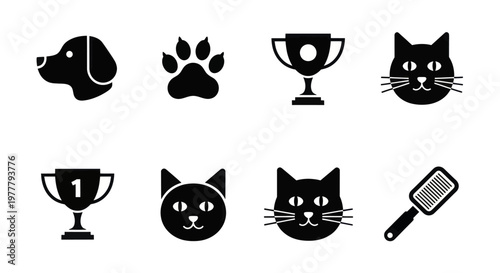 Collection of Pet Care and Award Icons Featuring Dogs Cats Trophies and Grooming Tools.
