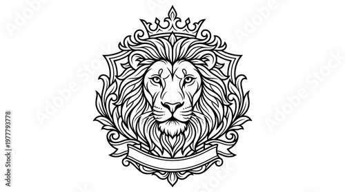 Lion head with crown and mane.