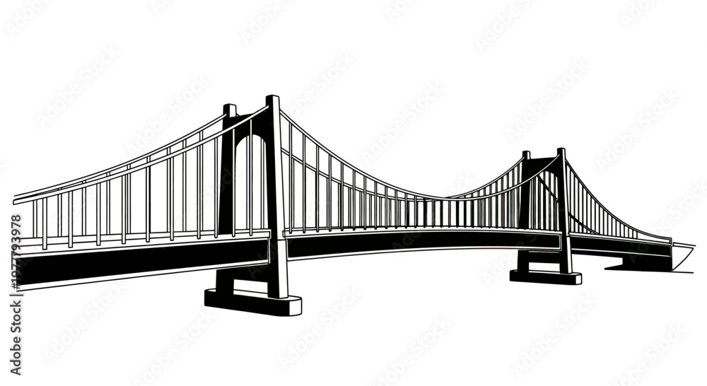 Fototapeta premium Stylized suspension bridge with graceful arches and towers against a white background