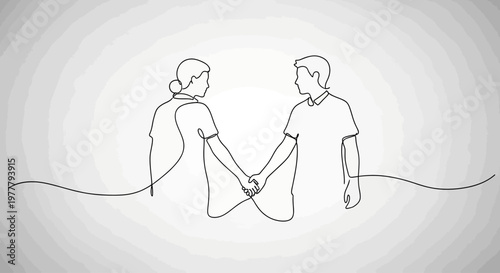Two people drawn with a single continuous line, holding hands
