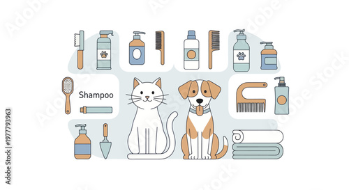 Cute Cat and Dog Grooming Supplies Illustration.