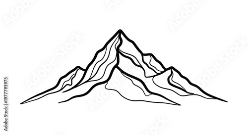 Abstract black and white outline of jagged, layered mountain peaks