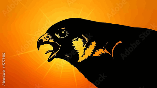 Silhouette of a Peregrine Falcon with open beak against a radiant orange sunburst background