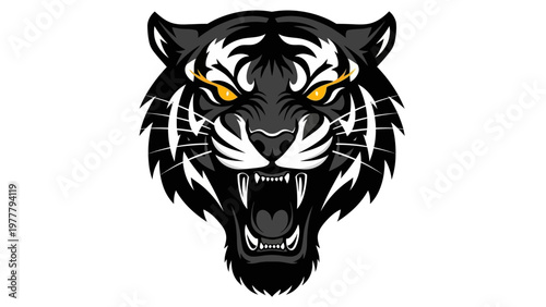 Aggressive Black Tiger Head Mascot Roaring with Fierce Yellow Eyes, Tribal Stripes