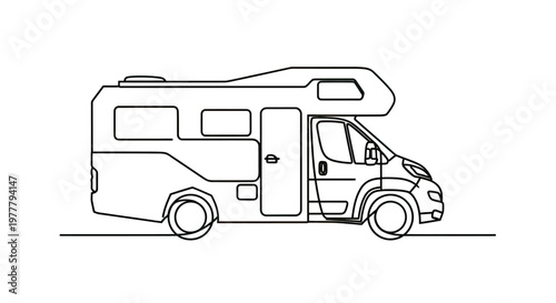 Outline of a modern campervan with multiple windows and overhead sleeping area