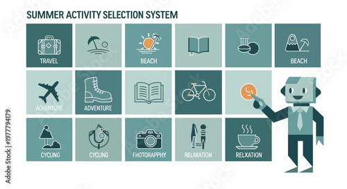 Summer activity icons, selection system, travel and leisure graphics, vector set