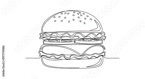 Simple line drawing of a layered burger with a bun, lettuce, tomato, and cheese
