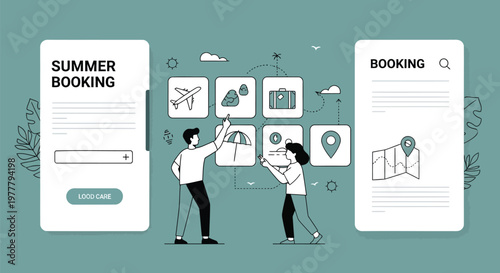 Summer booking, travel planning, web interface, mobile app design, icons