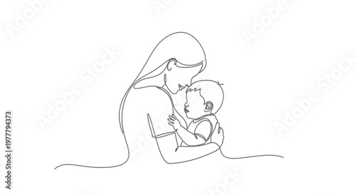 Continuous line drawing depicts a mother holding her baby tenderly