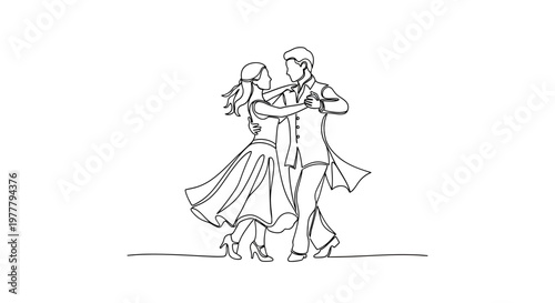 A couple dances in elegant attire with fluid movement