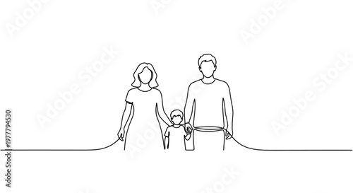 A family of three, depicted in a continuous line drawing, stands together