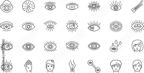 Set of Eye and Vision Symbol Icons Featuring Awareness, Observation, Optical Signs, and Abstract Vision Concepts