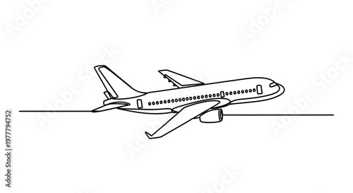 A simplistic line drawing of a jet plane in flight against a white background