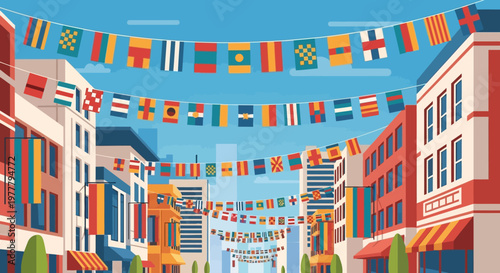 City Street Decorated with International Flags Banner Garland Festive Celebration