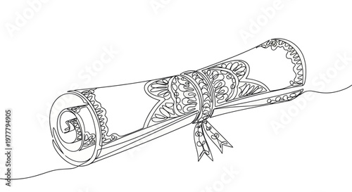 A monochrome line drawing of a rolled scroll tied with a decorative ribbon