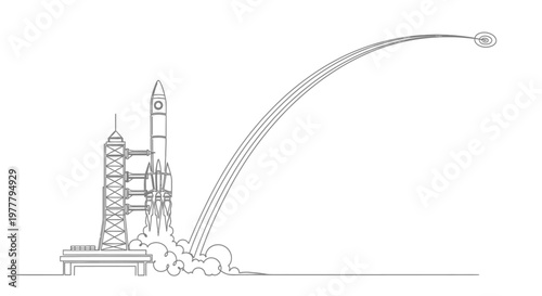 A rocket launches from a platform, leaving a trail towards a distant target