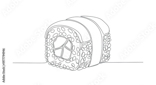 A minimalist line drawing of a single sushi roll with visible fillings