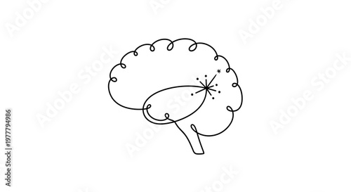 Minimalist brain outline with internal swirling lines and starburst spark