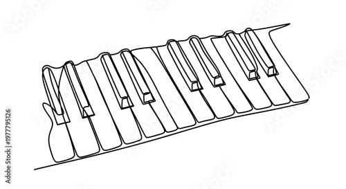 A minimalist single-line drawing of a piano keyboard viewed from above