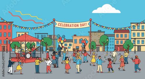 Community Celebration Day in City Square with People Dancing and Music