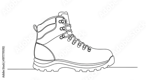 Single line drawing of a sturdy hiking boot with laces, sitting on a flat surface