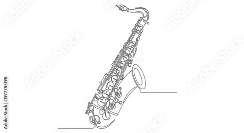 Minimalist line art depicts a saxophone, angled against a white background