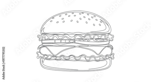 Stylized line drawing of a double-decker burger with sesame seeds on bun