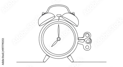 Line drawing of an old-fashioned alarm clock with winding key attached