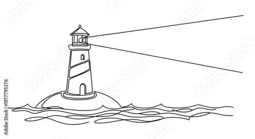 A tall, striped lighthouse emits light beams over wavy ocean lines