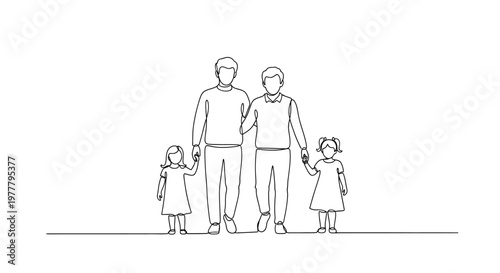 Two men and two girls walking together, holding hands