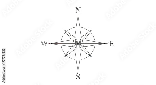 Foto A stylized wind rose or compass with N, S, E, W markings and a circular frame