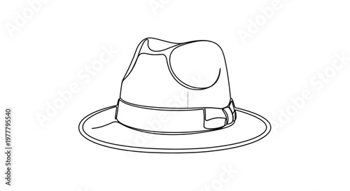 Black and white line drawing of a fedora hat with a banded crown