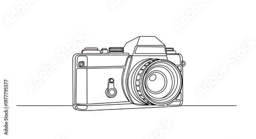Continuous line drawing of a vintage camera with lens and controls
