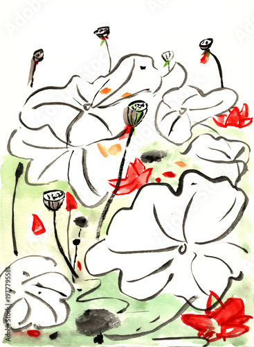 Original Hand-Painted Ink Wash Abstract Lotus Leaves and Flowers in Oriental Style
